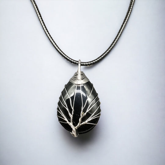 Black Gemstone Pendant Wrapped w/ Silver Tree of Life