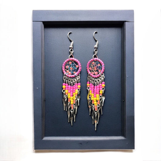 OLDTRIBES™ Pink and Yellow beaded dream catcher earrings