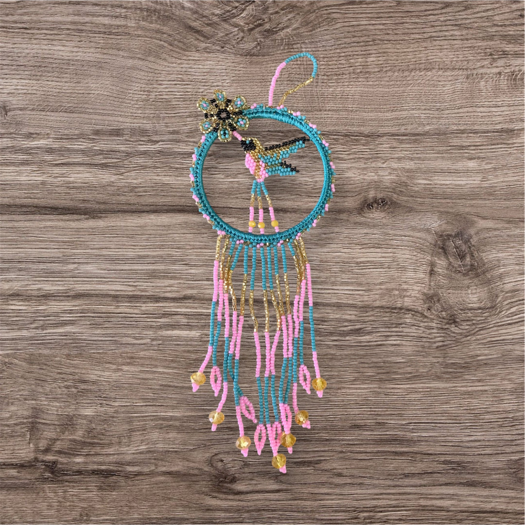 Turquoise and Pink Native Beaded Hummingbird