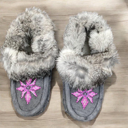 Grey Moccasins with Pink Beadwork (Size 6)