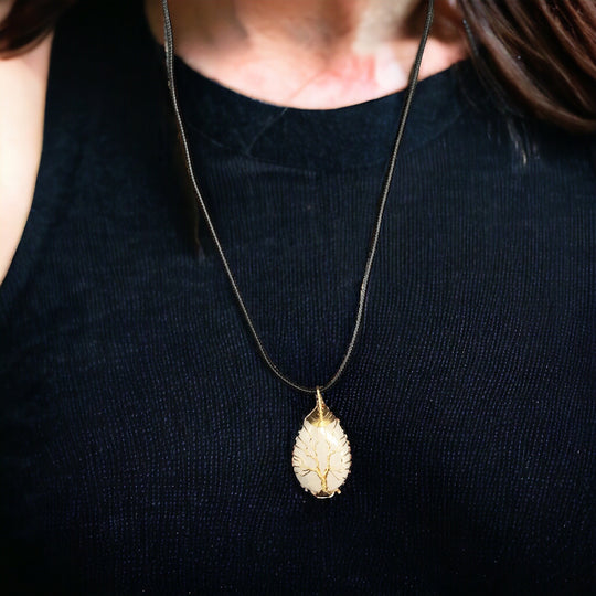 White Gemstone Pendant Wrapped w/ Gold Tree of Life