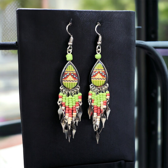 OldTribes™ Small Sized Southwestern Green and Red Teardrop Earrings