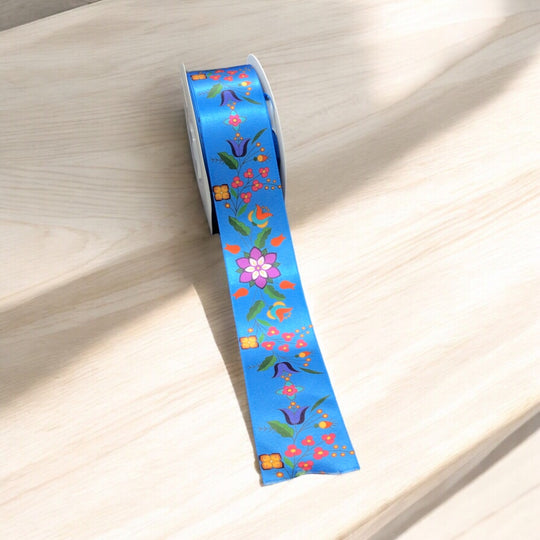 Blue Double Face Floral Ribbon Roll