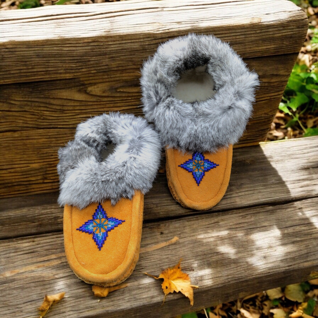 Yellow Moccasins with Blue Beadwork (Size 8)