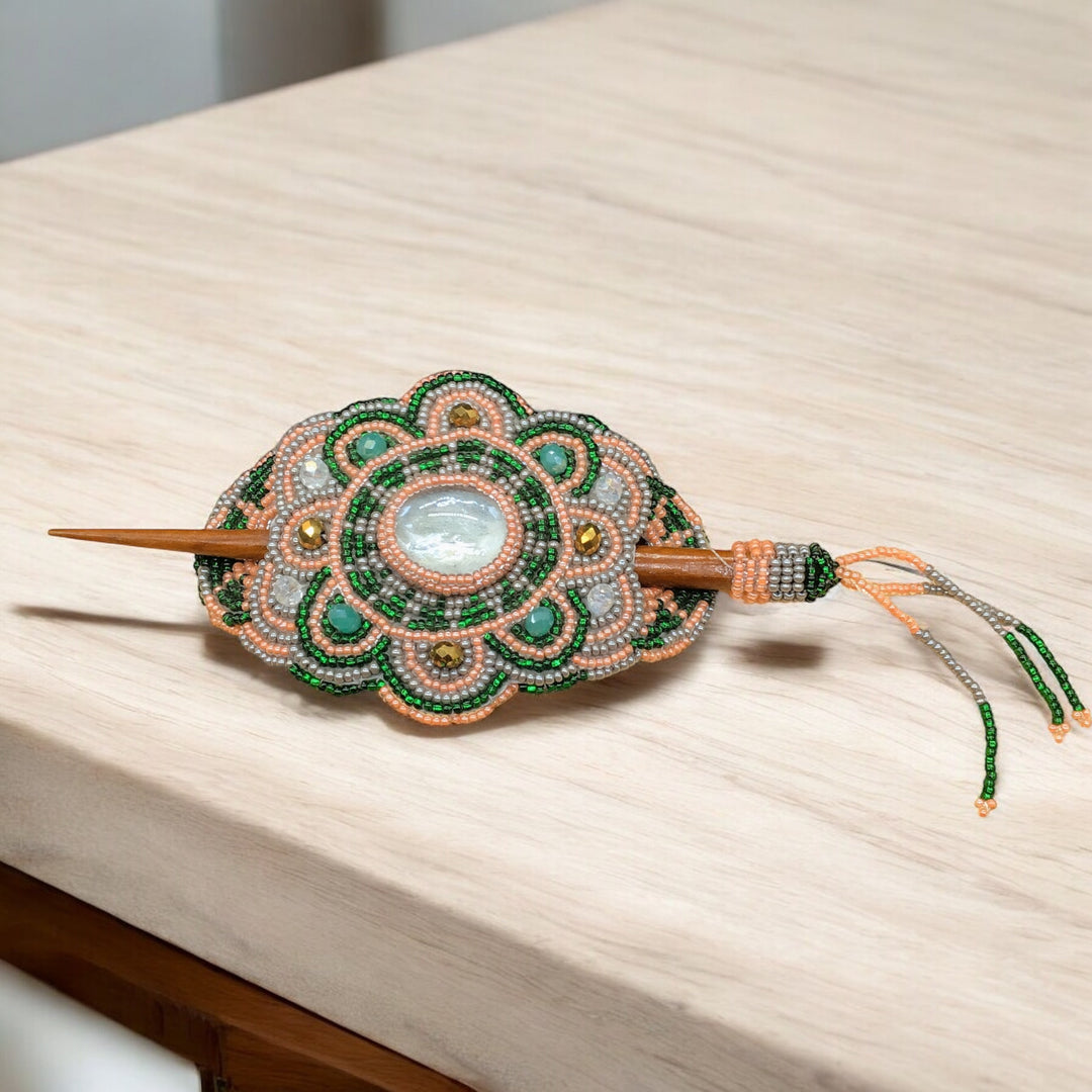 Indigenous style Barrette green w/grey (27)