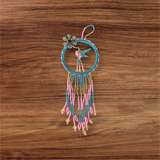 Turquoise and Pink Native Beaded Hummingbird