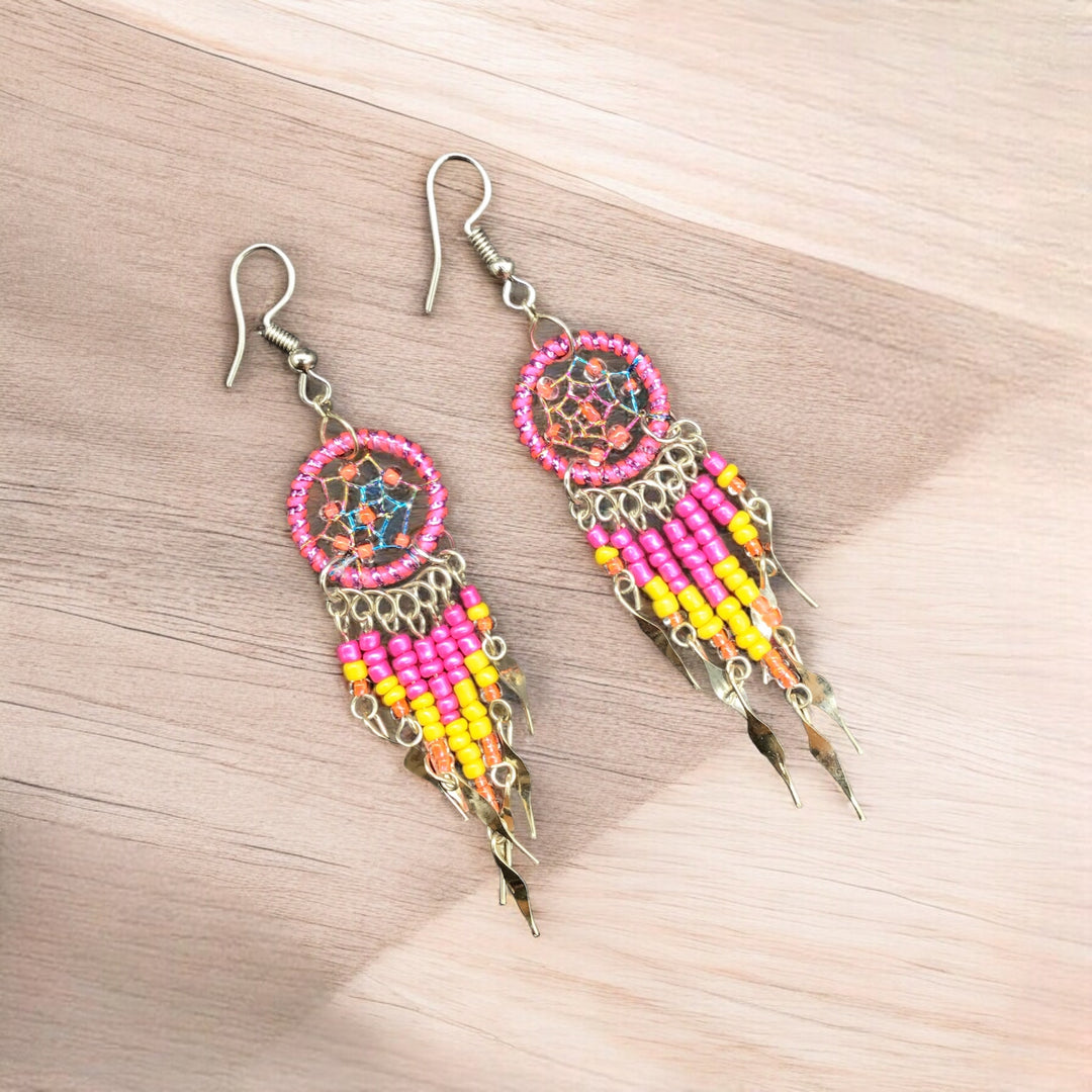 OLDTRIBES™ Pink and Yellow beaded dream catcher earrings