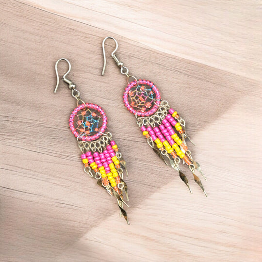 OLDTRIBES™ Pink and Yellow beaded dream catcher earrings