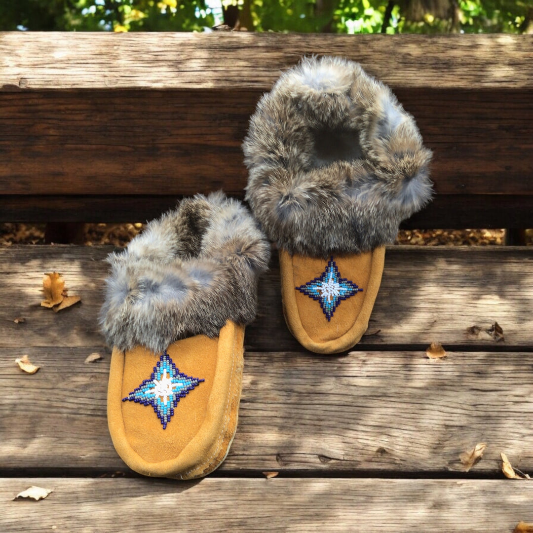 Yellow Moccasins with Blue Beadwork (Size 7)