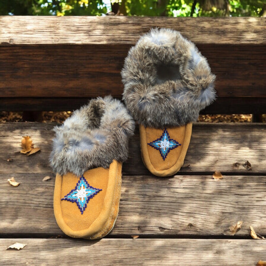 Yellow Moccasins with Blue Beadwork (Size 7)