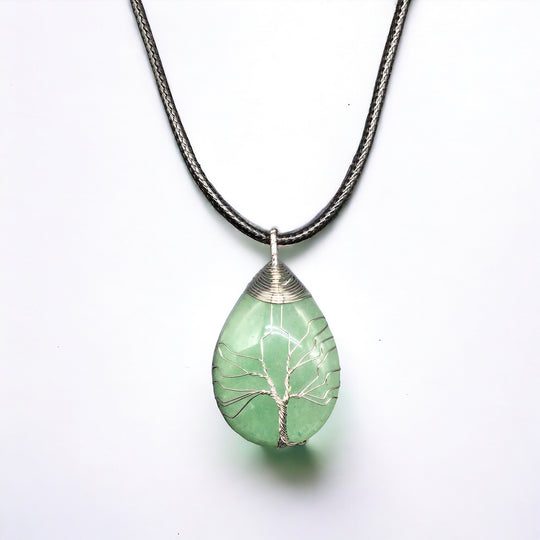 Green Gemstone Pendant Wrapped w/ Silver Tree of Life