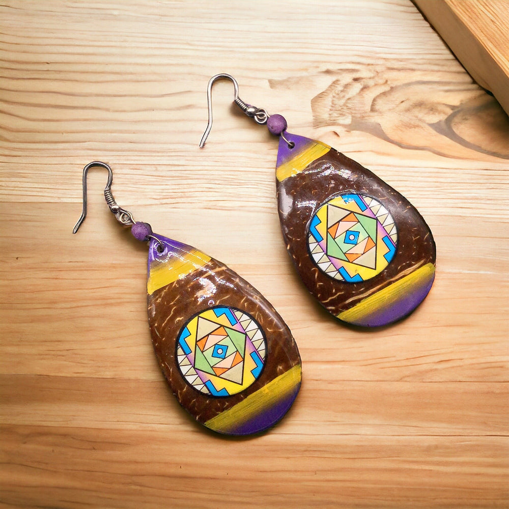 OLDTRIBES™ Wood Painted Yellow and Purple Round Earrings