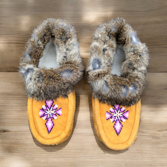 Yellow Moccasins with Purple Beadwork (Size 10)