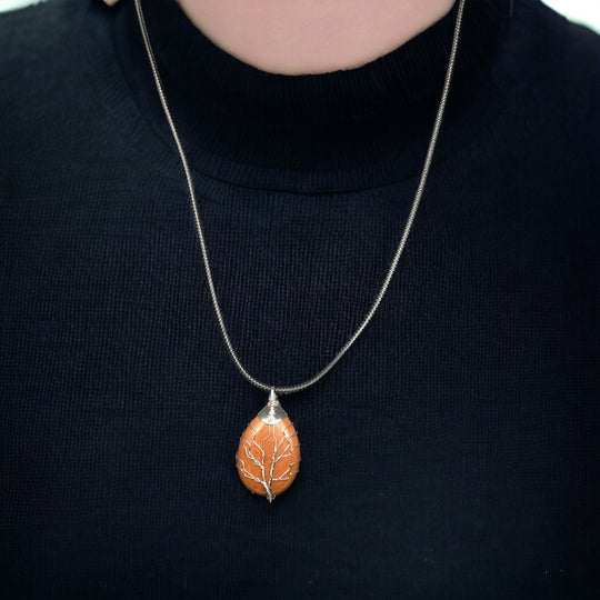 Orange Gemstone Pendant Wrapped w/ Silver Tree of Life