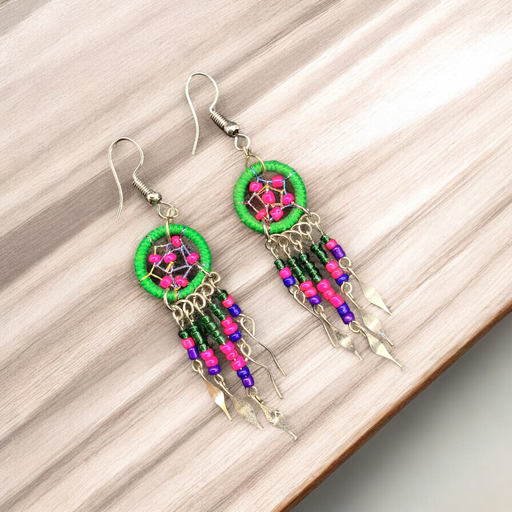 OLDTRIBES™ Pink and Green beaded dream catcher earrings