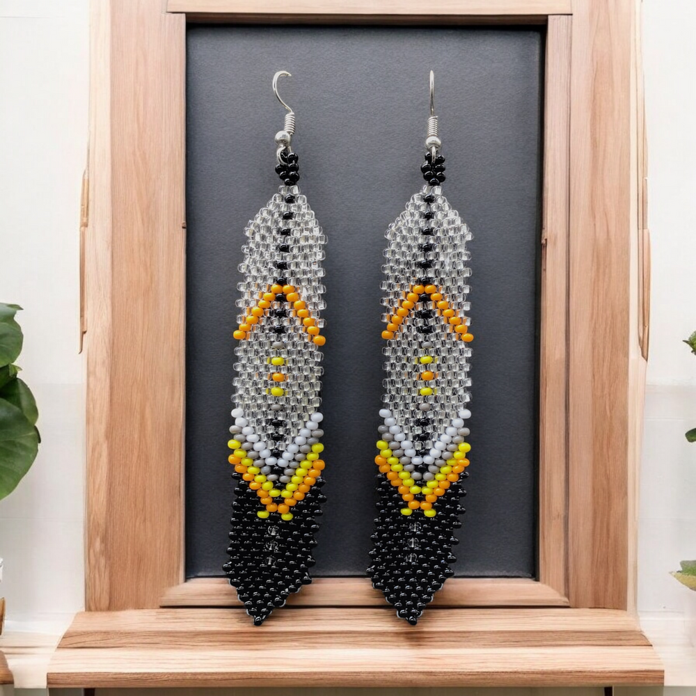 Silver Beaded Feather Earrings