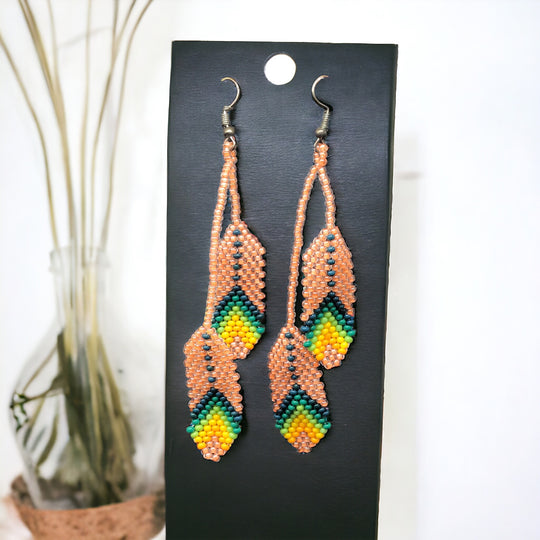 OldTribes™ Peach Beaded Feather Earrings