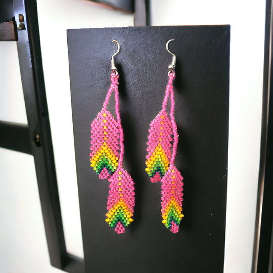 OldTribes™ Pink Beaded Feather earrings