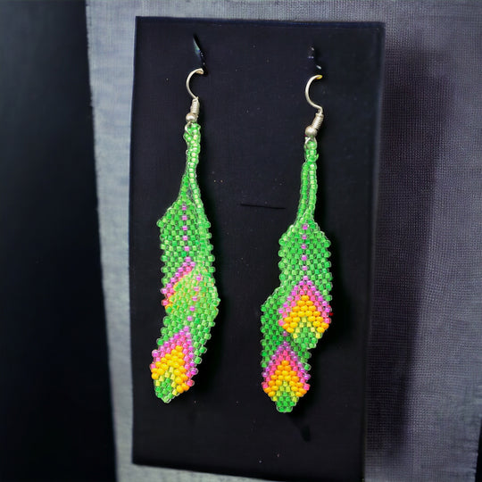 OldTribes™ Light Green Beaded Feather Earrings