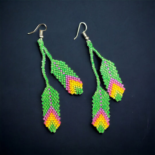 OldTribes™ Light Green Beaded Feather Earrings