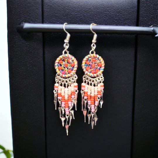 OLDTRIBES™ Pink and red beaded dream catcher earrings