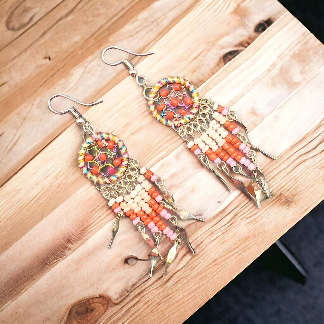 OLDTRIBES™ Pink and red beaded dream catcher earrings