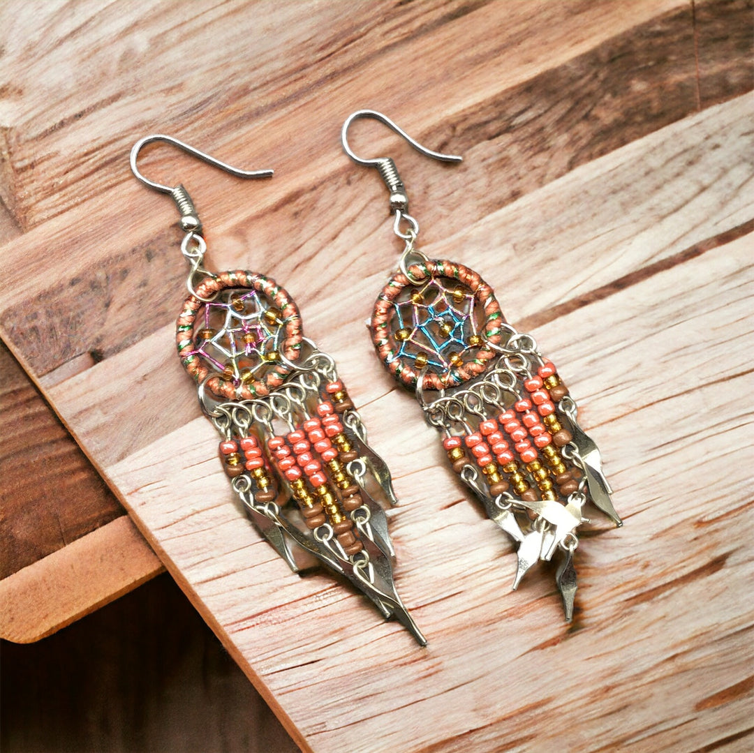 OLDTRIBES™ Brown and red beaded dream catcher earrings