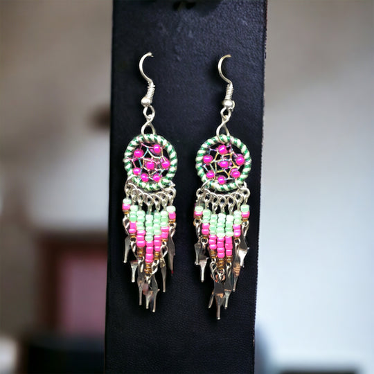 OLDTRIBES™ pink and green beaded dream catcher earrings