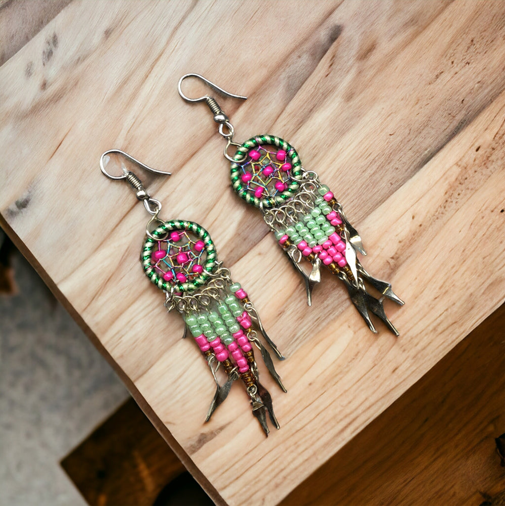 OLDTRIBES™ pink and green beaded dream catcher earrings