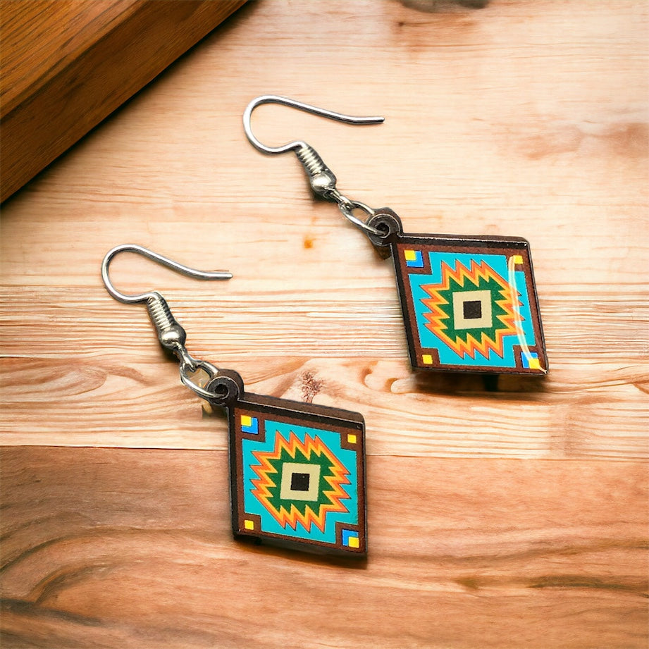 OLDTRIBES™ Painted Turquoise and Green Wood Earrings with Diamond shape