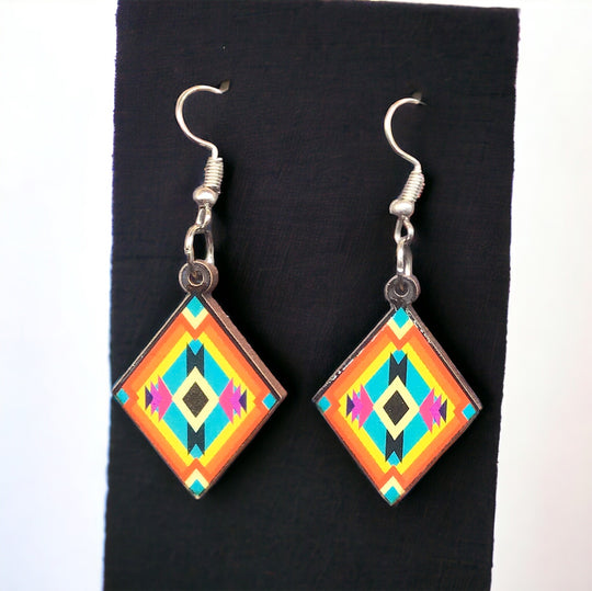 OLDTRIBES™ Painted Red and Green Wood Earrings with Diamond shape