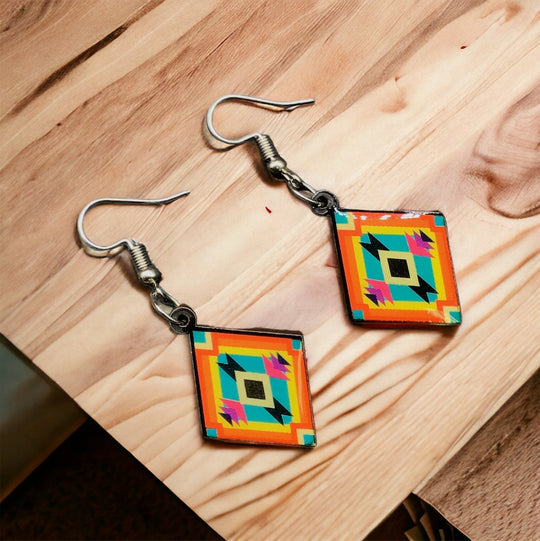 OLDTRIBES™ Painted Red and Green Wood Earrings with Diamond shape