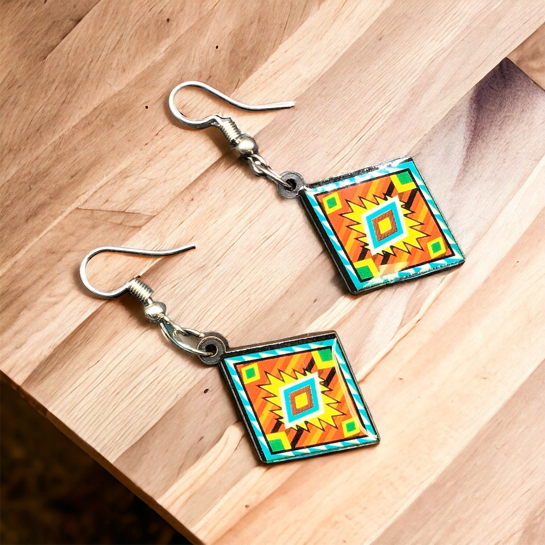 OLDTRIBES™ Painted Red and Yellow Wood Earrings with Diamond shape