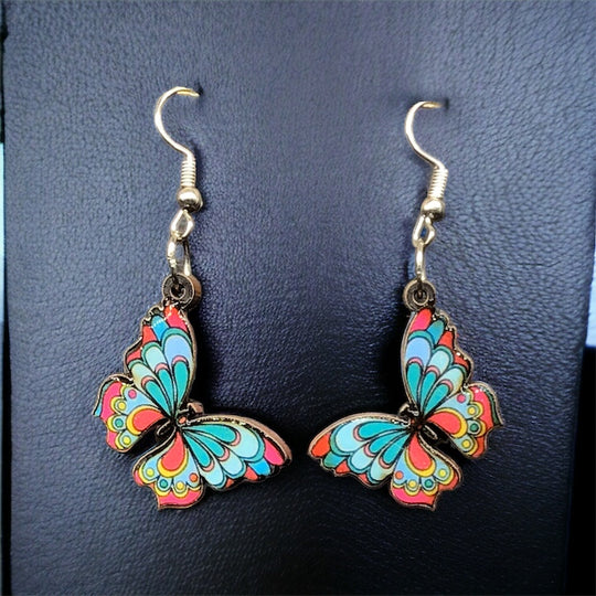 OLDTRIBES™ Painted Pink and Turquoise Butterfly Wood Earrings