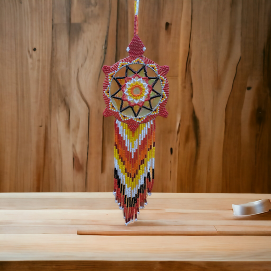 Red and white Sun Star Beaded Dream Catcher