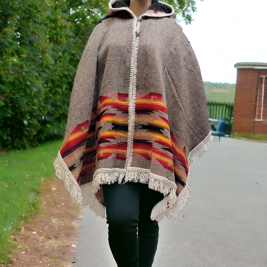 Ladies grey llama wool poncho with red and yellow border