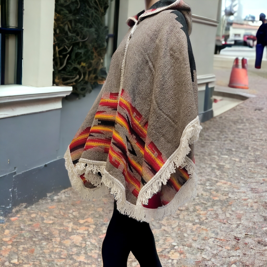 Ladies grey llama wool poncho with red and yellow border