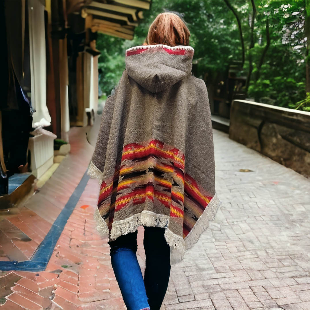 Ladies grey llama wool poncho with red and yellow border