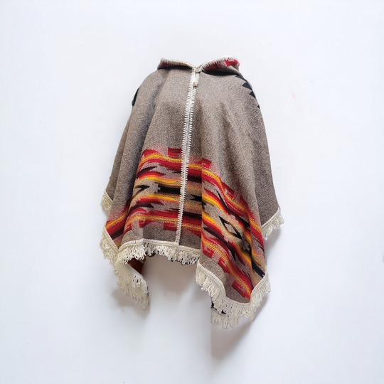 Ladies grey llama wool poncho with red and yellow border