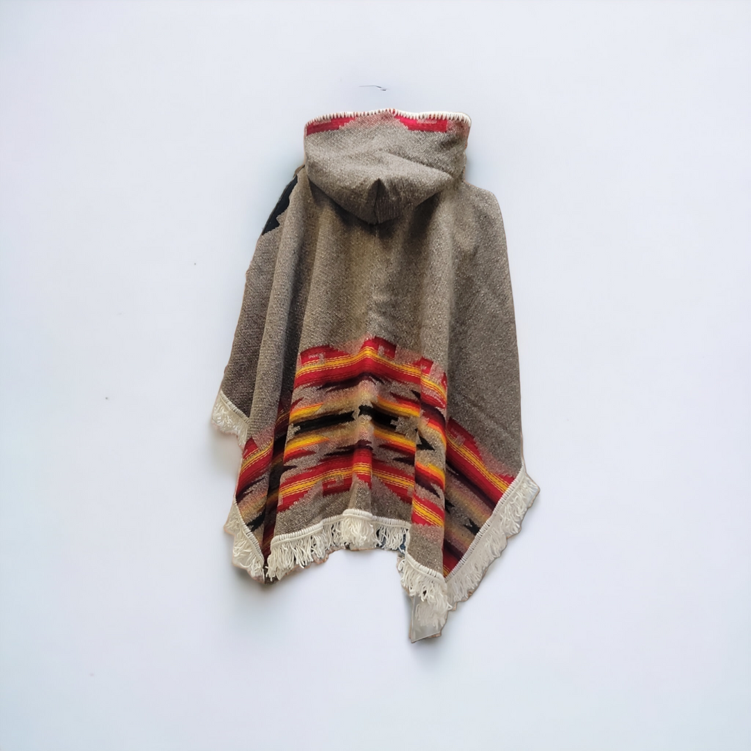 Ladies grey llama wool poncho with red and yellow border