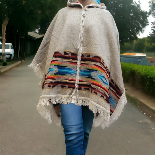 Ladies grey llama wool poncho with Blue and Brown border