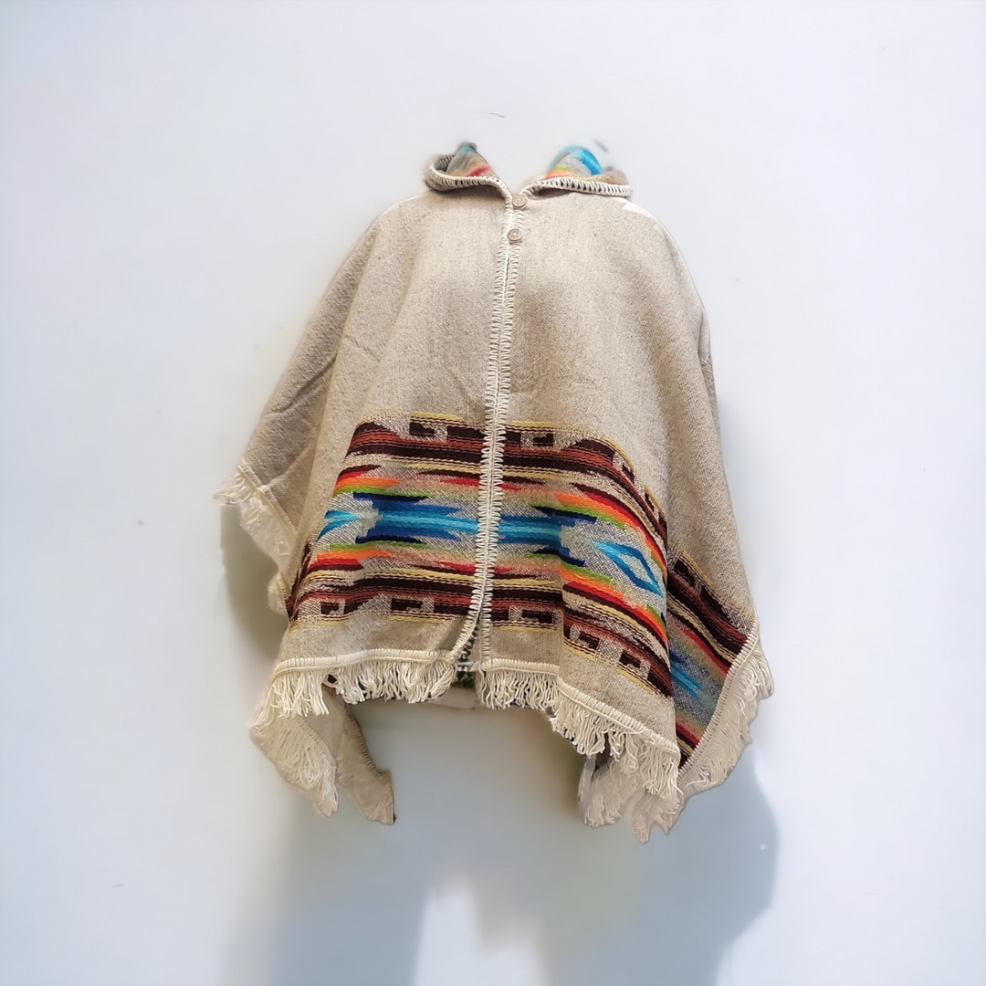 Ladies grey llama wool poncho with Blue and Brown border