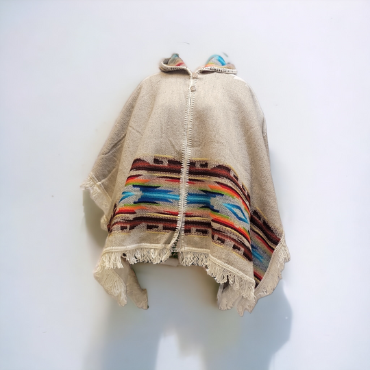 Ladies grey llama wool poncho with Blue and Brown border