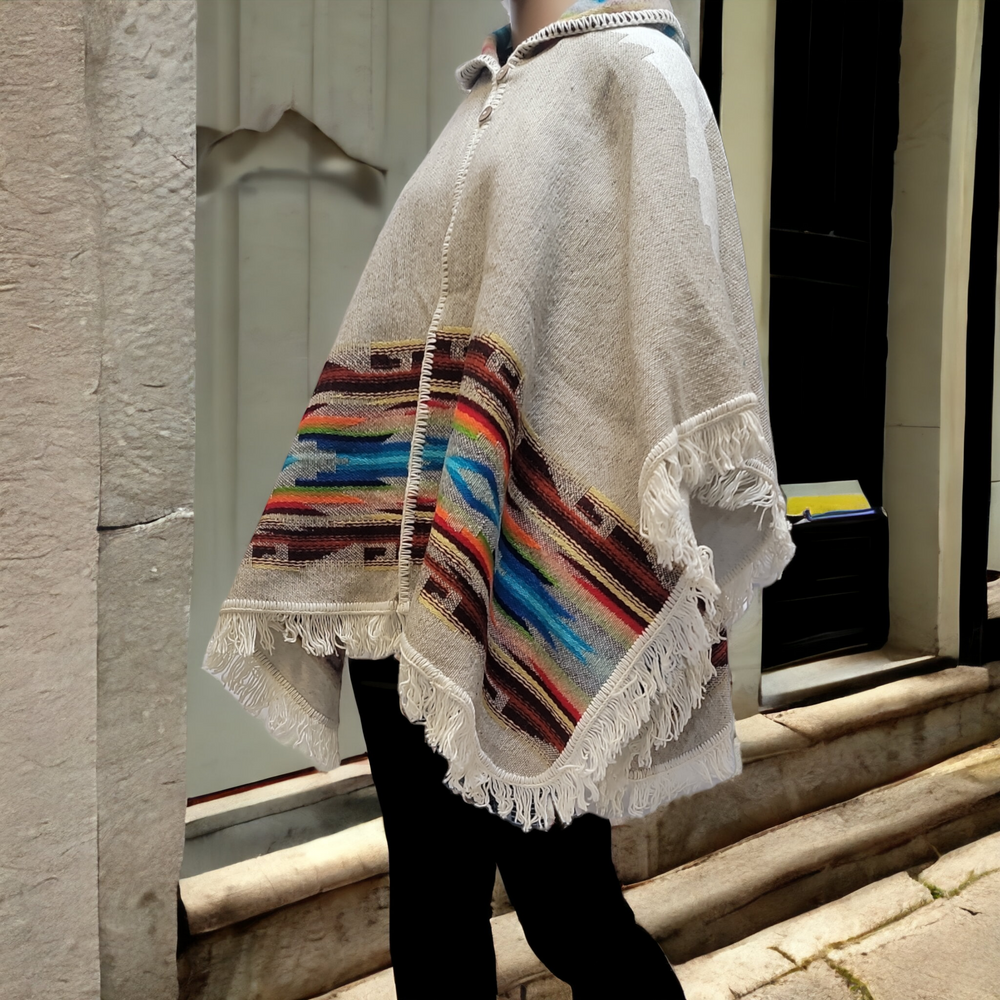 Ladies grey llama wool poncho with Blue and Brown border