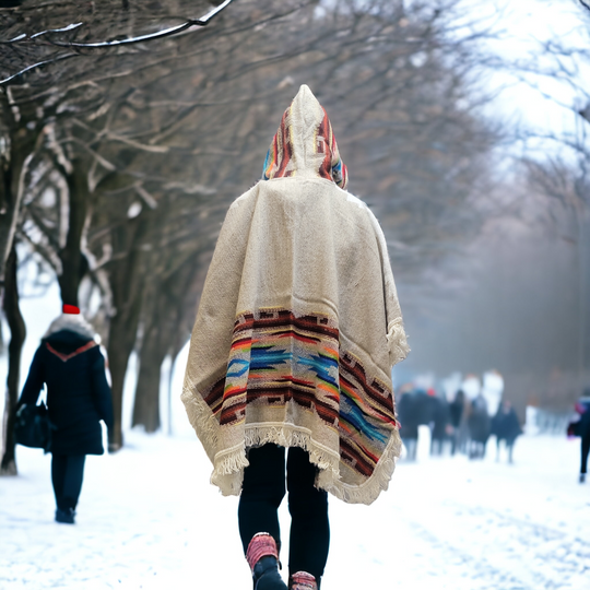 Ladies grey llama wool poncho with Blue and Brown border