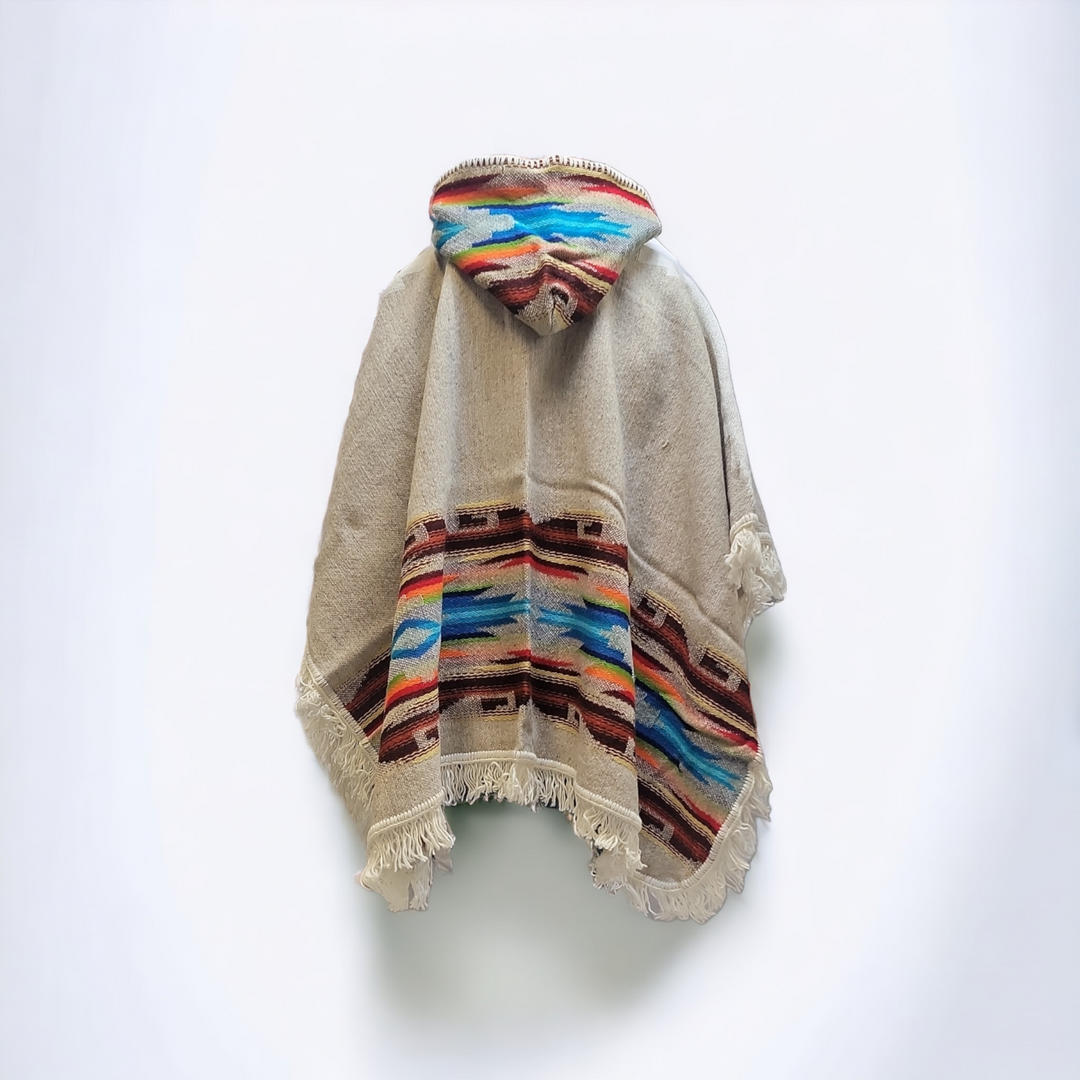 Ladies grey llama wool poncho with Blue and Brown border