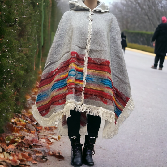 Ladies grey llama wool poncho with Red and Blue border