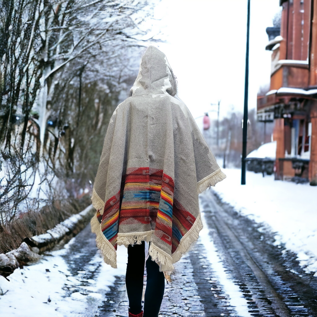 Ladies grey llama wool poncho with Red and Blue border