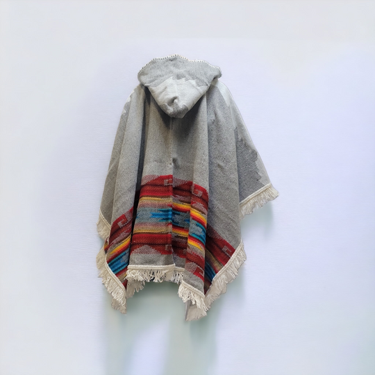 Ladies grey llama wool poncho with Red and Blue border