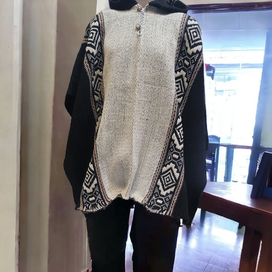 Men's indigenous Black and White fair trade poncho